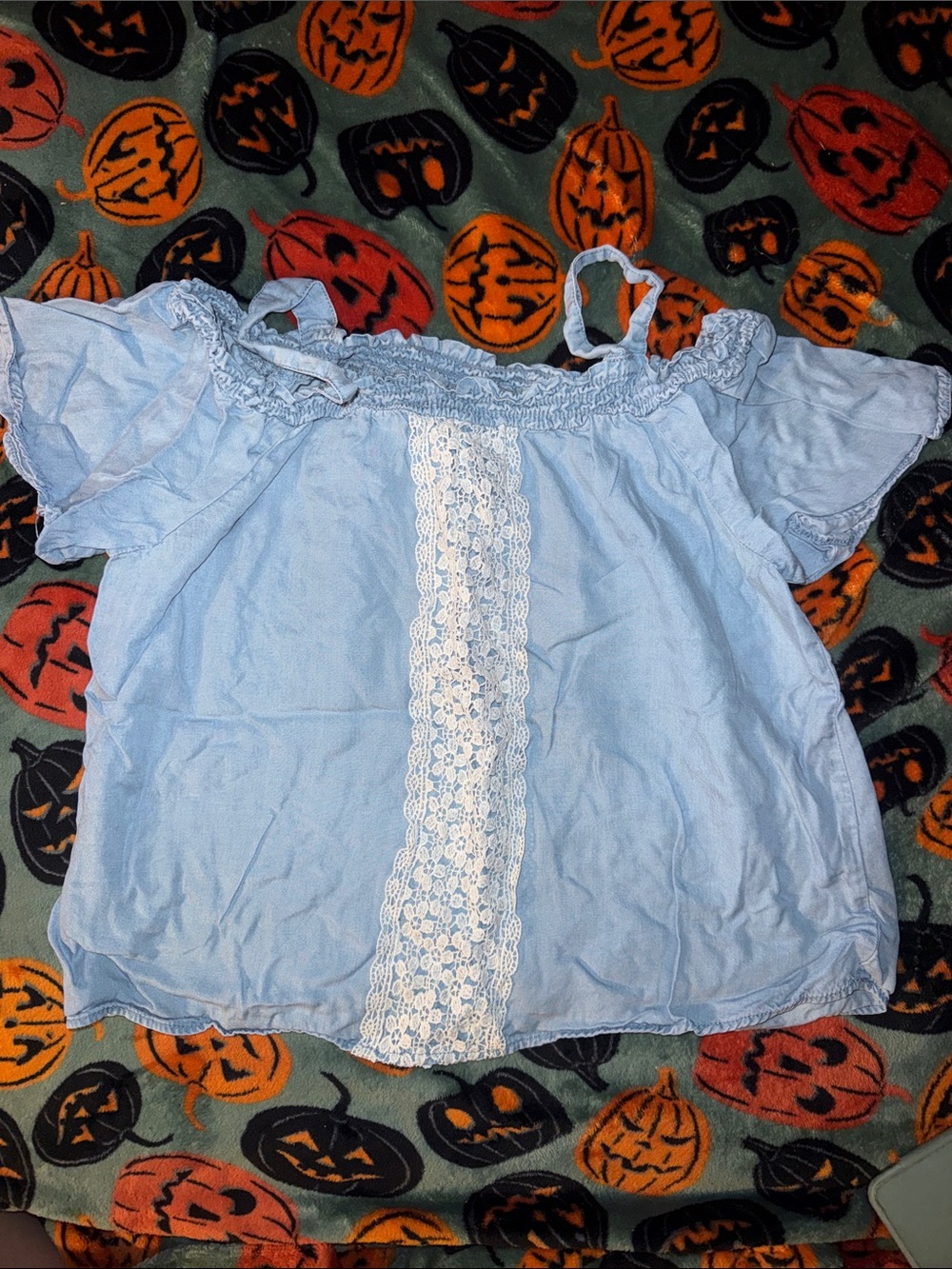 Justice Light Blue Off-Shoulder Top with White Lace Accent